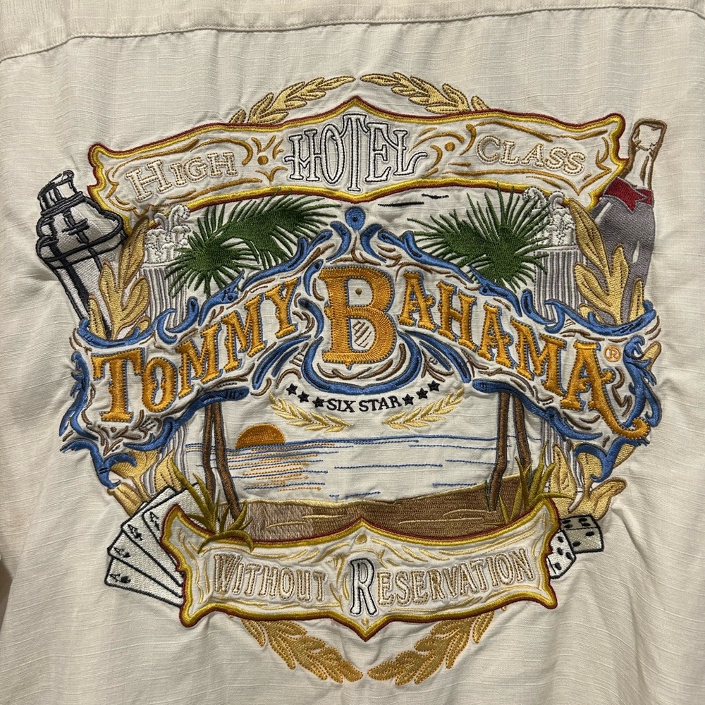 Tommy Bahama “Without Reservations”Cream Men's Casual Shirt with Tropical Design